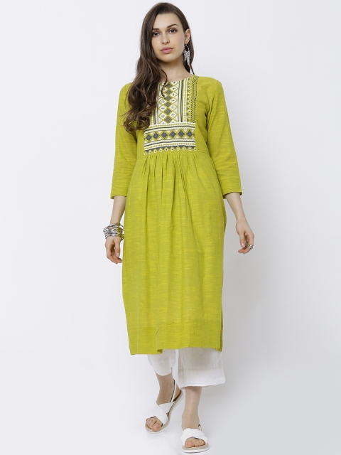 

Vishudh Women Lime Green Yoke Design A-Line Kurta