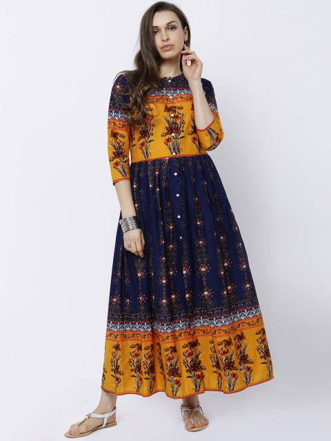 

Vishudh Women Navy Blue & Mustard Yellow Printed A-Line Kurta