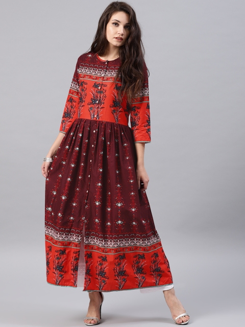 

Vishudh Women Burgundy & Red Printed Anarkali Kurta