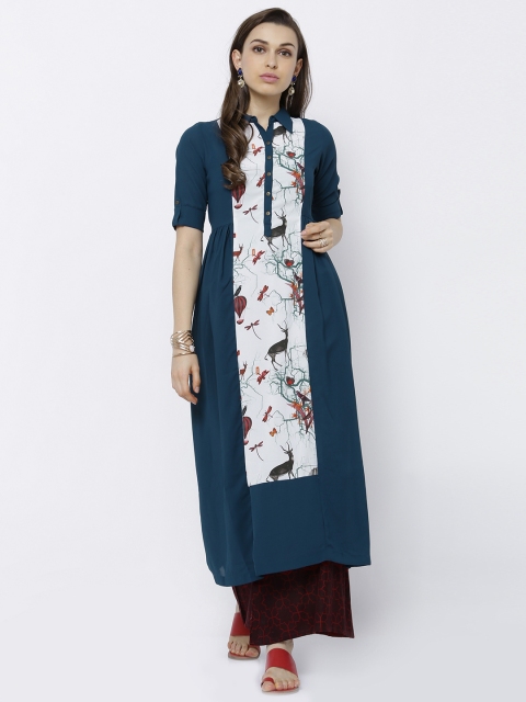 

Vishudh Women Teal Blue & White Printed A-Line Kurta