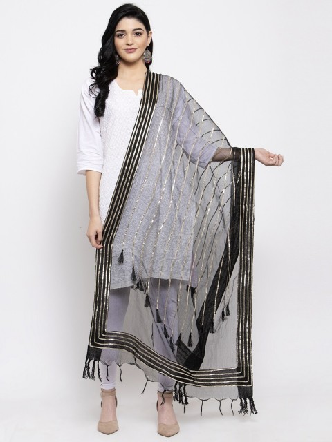 

Clora Creation Black & Silver-Toned Striped Organza Dupatta with Gotta Patti