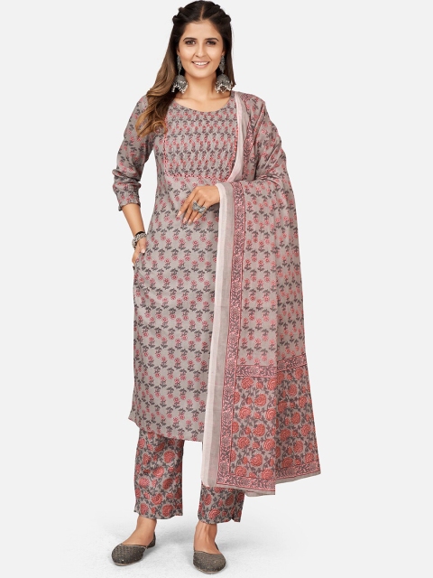 

Vbuyz Women Grey Ethnic Motifs Printed Pure Cotton Kurta with Trousers & With Dupatta