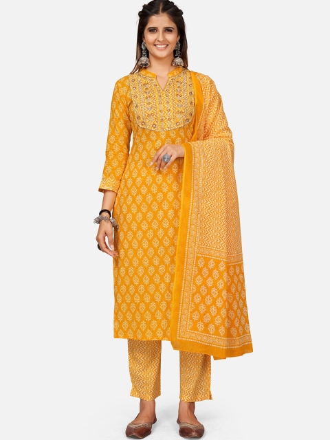 

Vbuyz Women Yellow Ethnic Motifs Printed Thread Work Pure Cotton Kurta with Trousers & With Dupatta