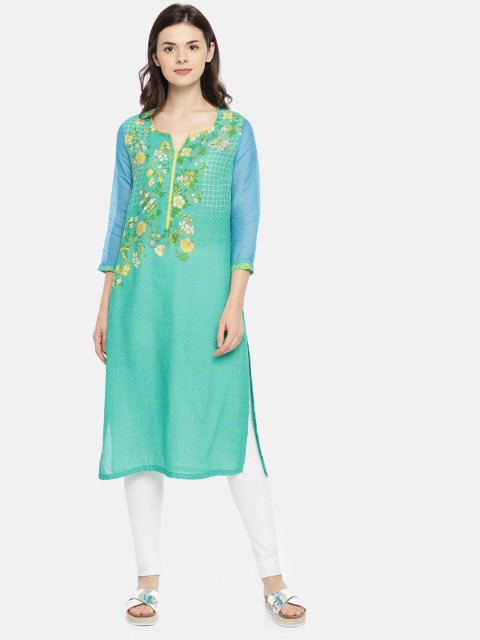 

Biba Women Blue & Green Printed Straight Kurta