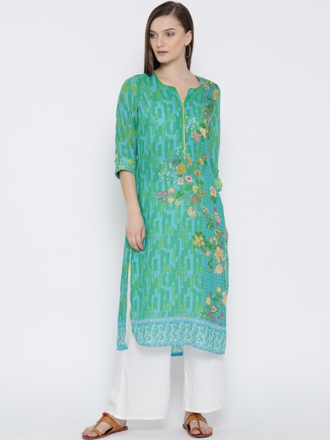 

Biba Women Blue & Green Printed Straight Kurta
