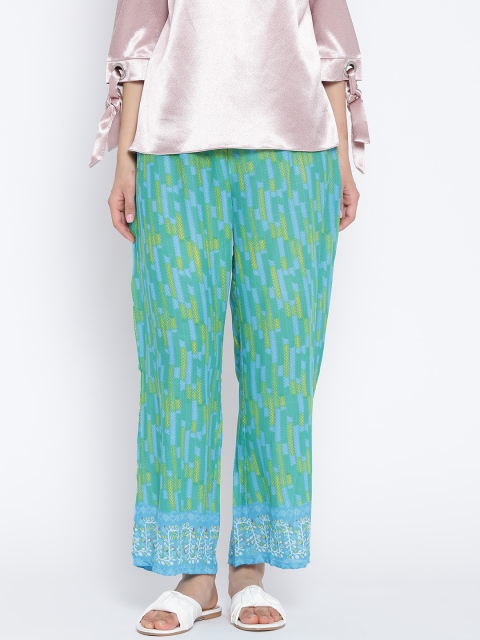 

Biba Women Blue & Green Printed Straight Palazzos