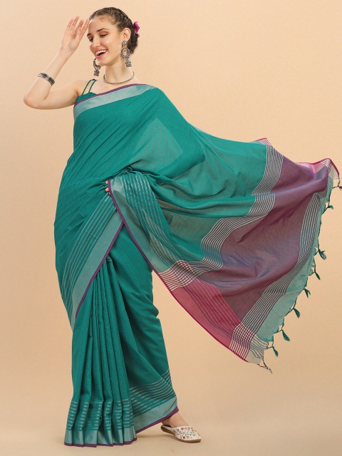 

DITISA FASHION Turquoise Blue & Pink Checked Linen Blend Block Print Saree