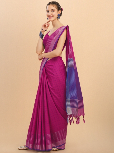 

DITISA FASHION Pink & Purple Checked Linen Blend Block Print Saree