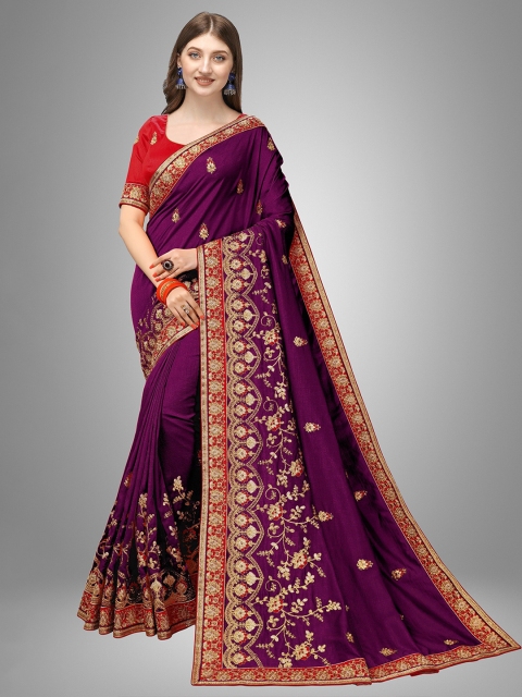 

Trendmalls Purple & Red Floral Embroidered Satin Mysore Silk Saree