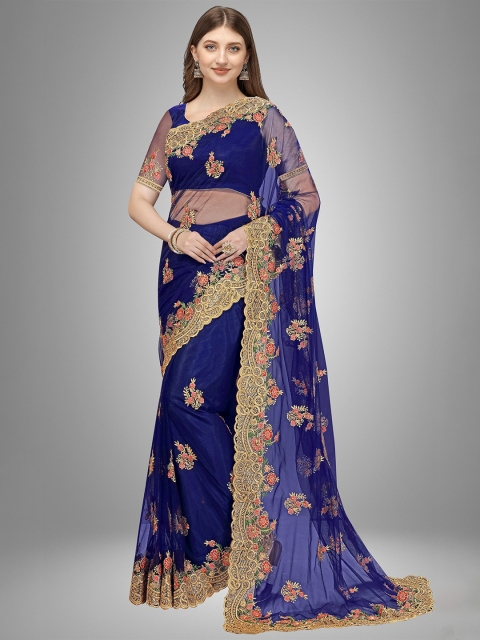 Trendmalls Blue & Gold-Toned Floral Net Mysore Silk Saree