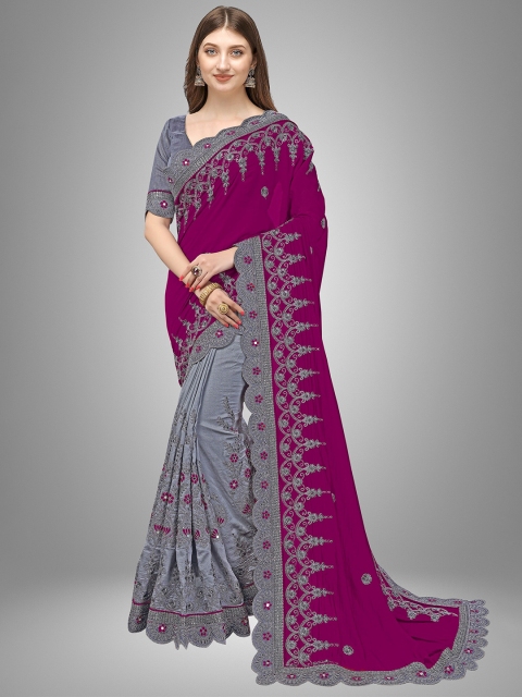 

Trendmalls Purple & Grey Floral Embroidery Pure Mysore Silk Saree