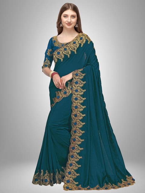 

Trendmalls Sea Green & Gold-Toned Embroidered Satin Mysore Silk Saree