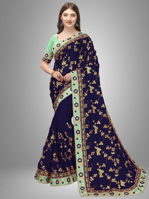 

Trendmalls Blue & Green Floral Embroidered Mysore Silk Saree