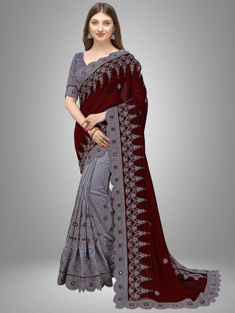

Trendmalls Brown & Grey Ethnic Motifs Embroidered Pure Mysore Silk Saree