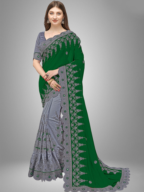 

Trendmalls Green & Grey Floral Embroidered Pure Silk Mysore Silk Saree