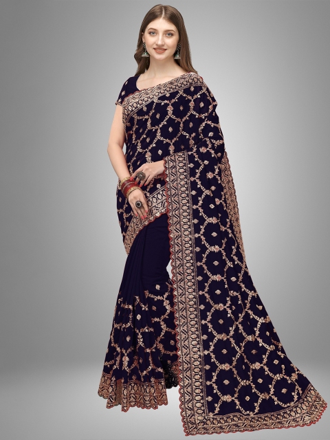 

Trendmalls Women Blue & Gold-Toned Embellished Embroidered Pure Silk Mysore Silk Saree, Navy blue