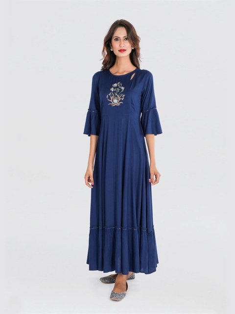 

SUTI Women Navy Blue Embroidered Maxi Dress
