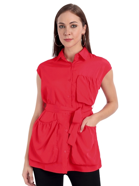 

MINGLAY Women Red Organic Cotton Shirt Collar Tunic