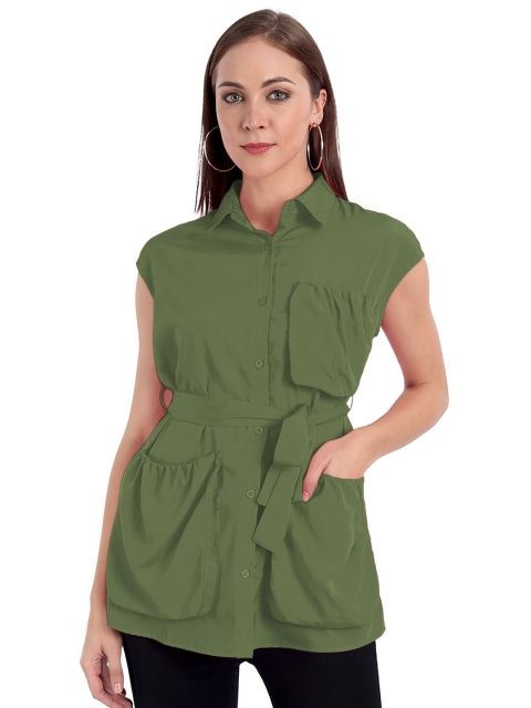 

MINGLAY Women Olive Green Organic Cotton Shirt Collar Tunic