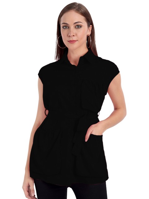 

MINGLAY Black Organic Cotton Shirt Collar Tunic