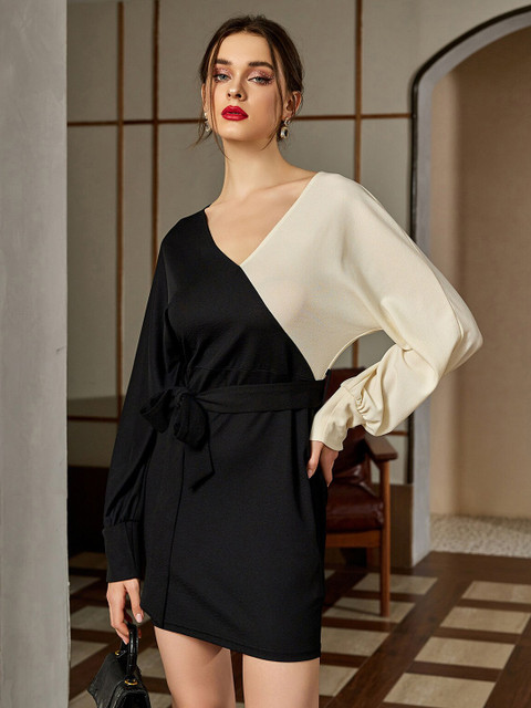

URBANIC Black Colourblocked A-Line Dress