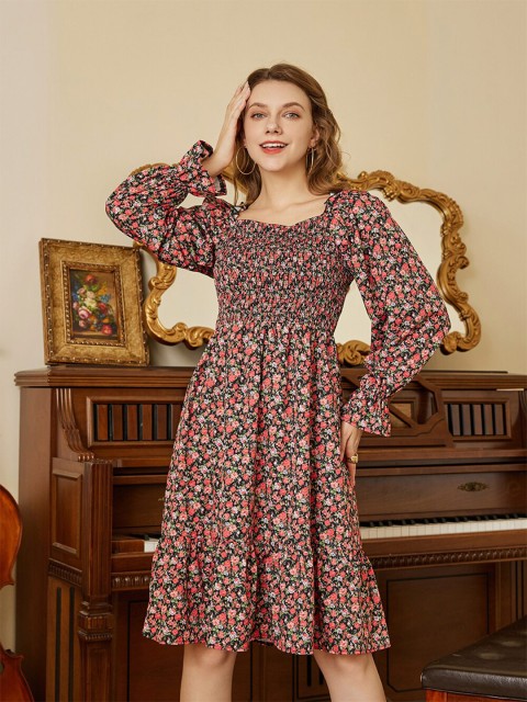 

URBANIC Red & Black Floral Smocked Dress