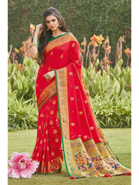 

KARAGIRI Red & Yellow Ethnic Motifs Zari Silk Blend Paithani Saree