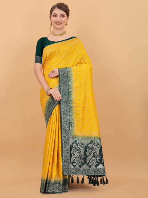 

Fashion FRICKS Yellow & Green Floral Zari Pure Silk Banarasi Saree With Unstitched Blouse