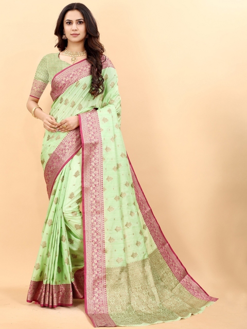 

Fashion FRICKS Green & Pink Floral Zari Pure Silk Banarasi Saree