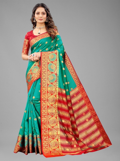 

Fashion FRICKS Turquoise Blue & Red Woven Design Zari Pure Silk Banarasi Saree