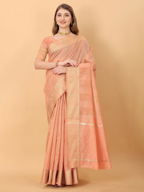 

Fashion FRICKS Orange & Gold-Toned Striped Zari Pure Silk Banarasi Saree