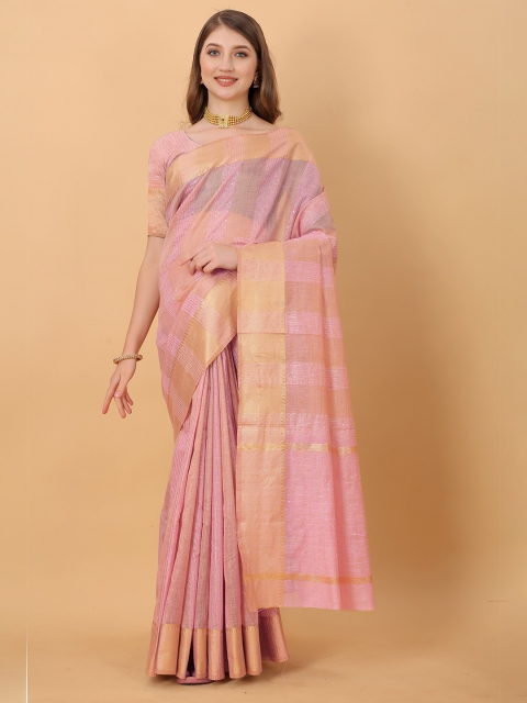 

Fashion FRICKS Women Pink & Gold-Toned Striped Sequinned Pure Silk Banarasi Saree