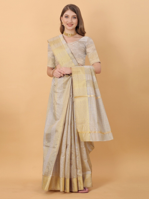 

Fashion FRICKS Grey & Gold-Toned Woven Design Zari Pure Silk Banarasi Saree