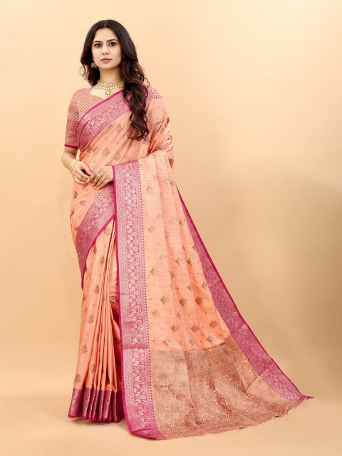 

Fashion FRICKS Peach-Coloured & Pink Woven Design Zari Pure Silk Banarasi Saree