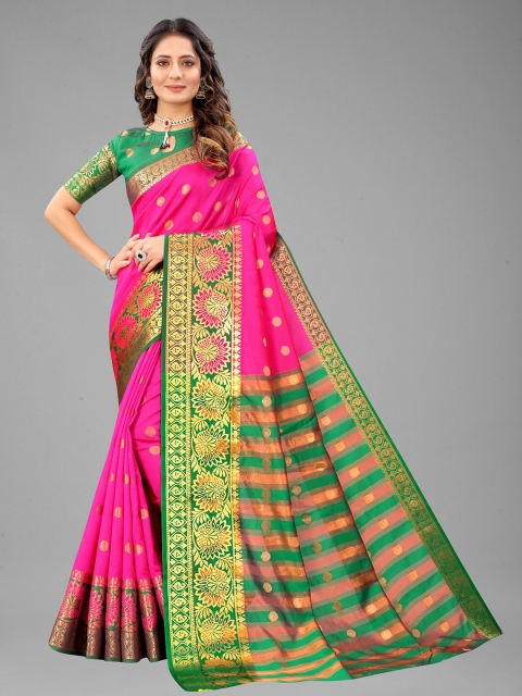 

Fashion FRICKS Pink & Green Woven Design Zari Pure Silk Banarasi Saree