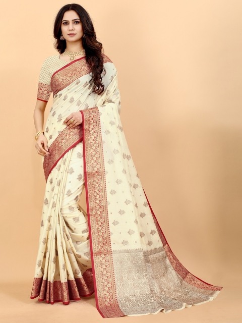 

Fashion FRICKS Off White & Red Woven Design Zari Pure Silk Banarasi Saree