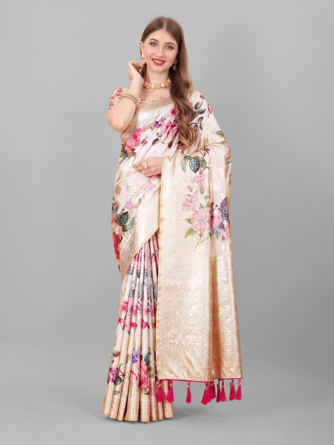 

Fashion FRICKS Beige & Gold-Toned Floral Zari Pure Silk Banarasi Saree