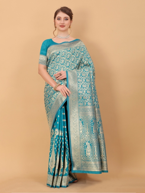 

Fashion FRICKS Blue & Gold-Toned Ethnic Motifs Zari Pure Silk Banarasi Saree