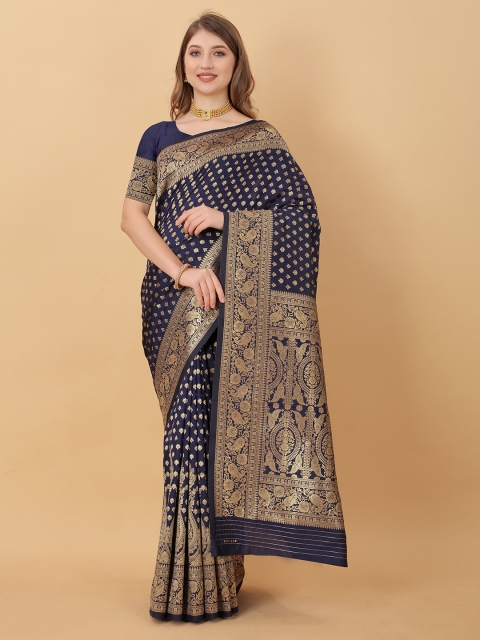 

Fashion FRICKS Navy Blue & Gold-Toned Woven Design Zari Pure Silk Banarasi Saree