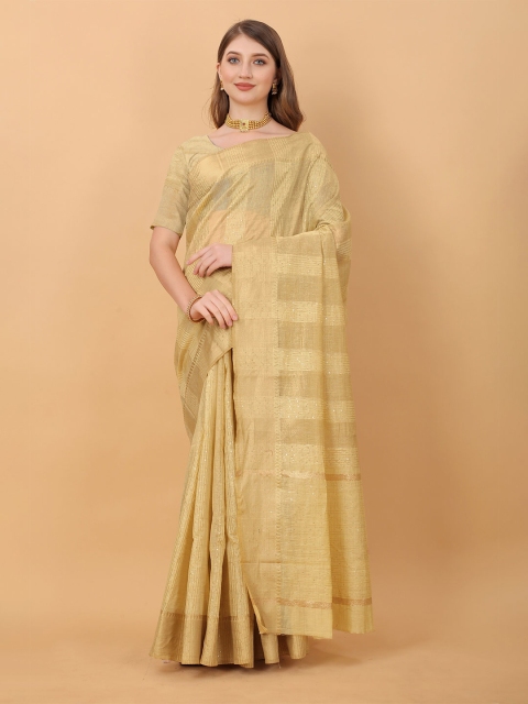 

Fashion FRICKS Yellow & Gold-Toned Woven Design Sequinned Pure Silk Banarasi Saree