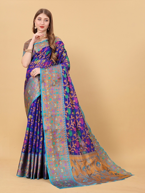 

Fashion FRICKS Blue & Purple Floral Zari Pure Silk Banarasi Saree