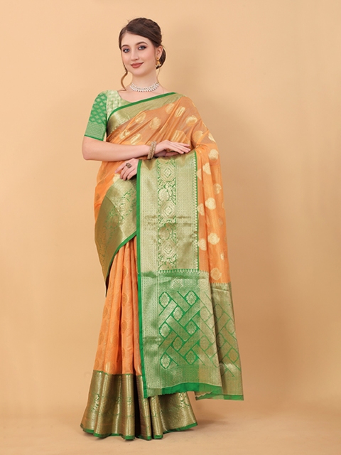 

Fashion FRICKS Orange & Green Woven Design Zari Pure Silk Banarasi Saree