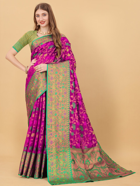 

Fashion FRICKS Pink & Green Woven Design Zari Pure Silk Banarasi Saree