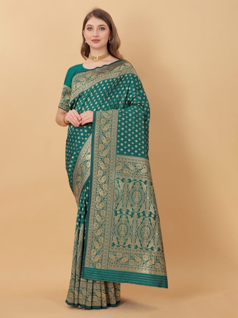 

Fashion FRICKS Women Green & Gold-Toned Woven Design Pure Silk Banarasi Saree