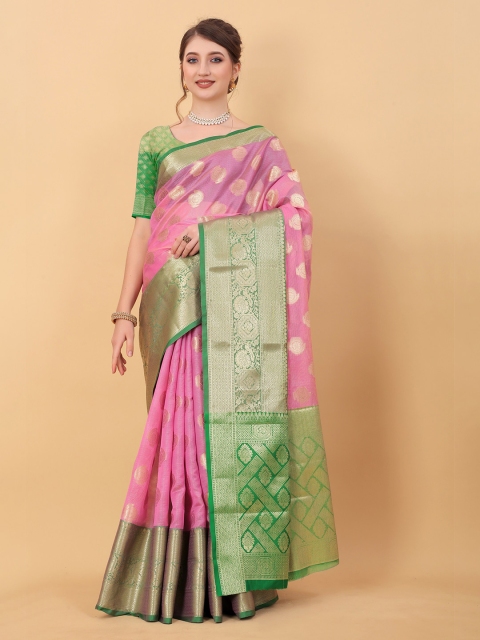 

Fashion FRICKS Women Pink & Green Woven Design Zari Pure Silk Banarasi Saree