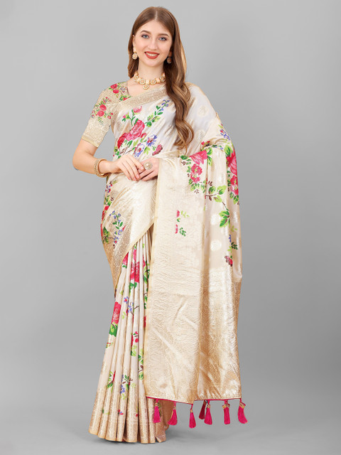 

Fashion FRICKS Beige & Gold-Toned Floral Zari Pure Silk Banarasi Saree