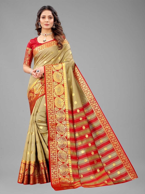 

Fashion FRICKS Beige & Red Ethnic Motifs Zari Pure Silk Banarasi Saree