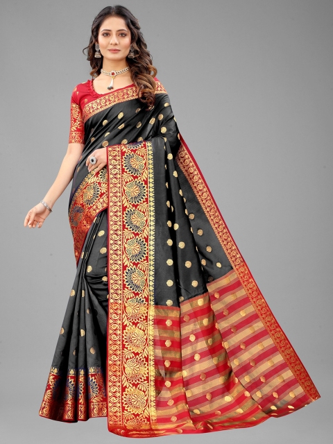 

Fashion FRICKS Black & Red Woven Design Zari Pure Silk Banarasi Saree