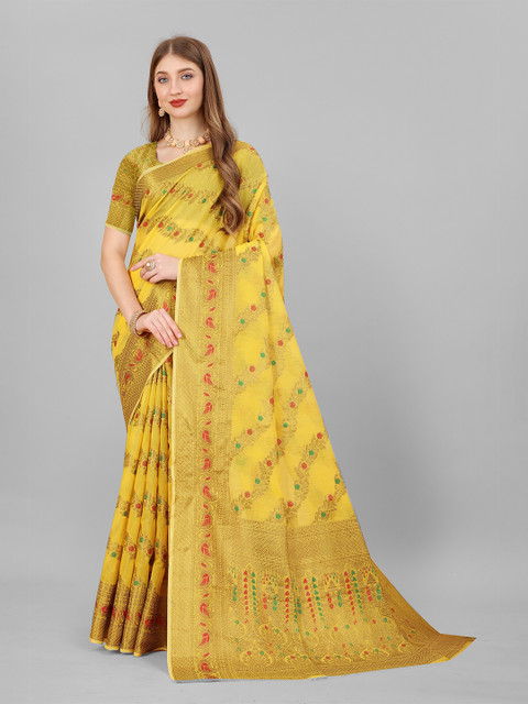 

Fashion FRICKS Yellow & Red Floral Zari Pure Silk Banarasi Saree