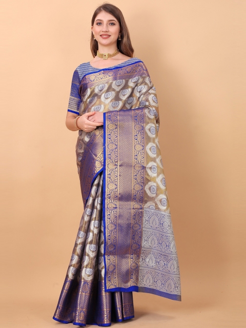 

Fashion FRICKS Blue & Gold-Toned Woven Design Zari Pure Silk Banarasi Saree